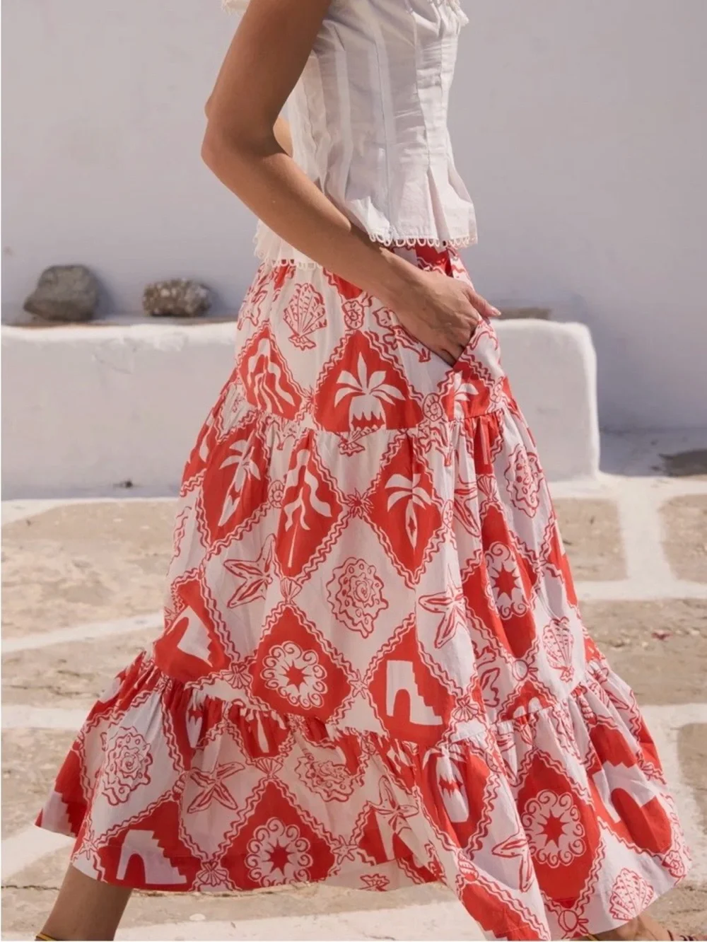 Oliphant Button Front Tiered Midi Skirt in Asterias Red Medium